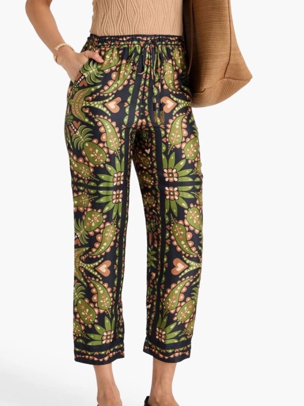 NWT (Other) Farm Rio Paisley Print Satin Tapered Pants in Black/Orange/Green. XS